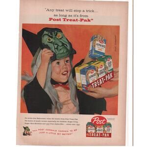 Post Treat Pak Cereal Magazine Advertisement 1958 Breakfast Halloween Sargent